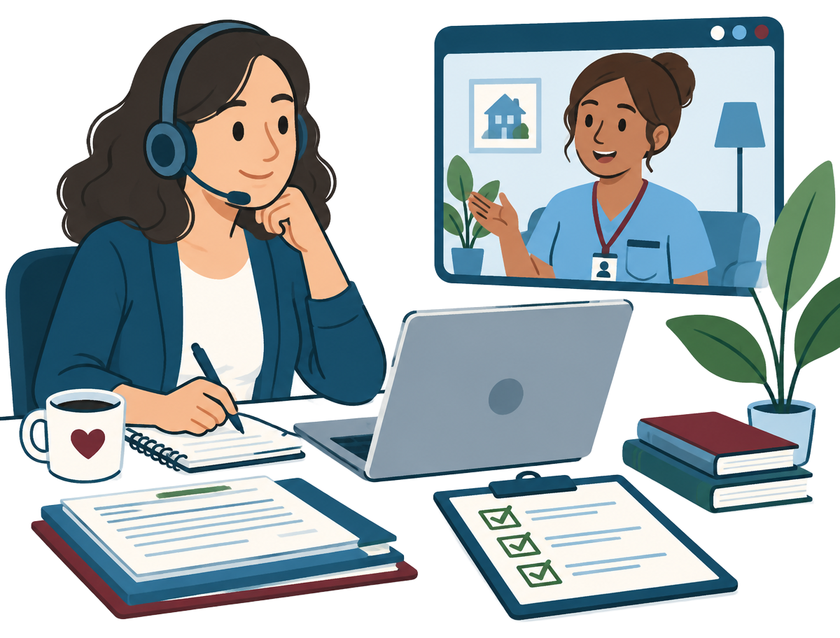 Un travailleur social avec un casque téléphonique échange en visioconférence avec une salariée de l'emploi à domicile